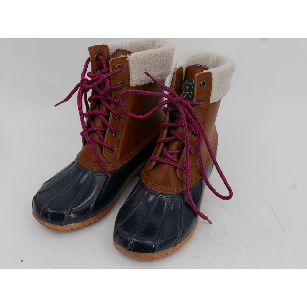 Bass Harlequin Winter Boots Brown Navy Faux Fur Ankle Lace Up Womens Size 6